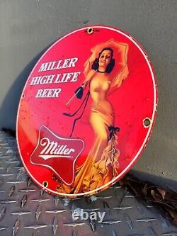 Vintage Miller High Life Porcelain Beer Sign Bar Gas Oil Bartender Bottle Girl