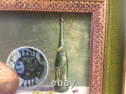 Vintage Miniature Oil Painting Still Life Table Vase Bottle Signed D. Golledge