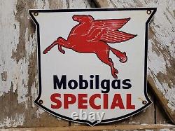 Vintage Mobil Porcelain Sign Mobilgas Special Diesel Gas Station Shield Pegasus