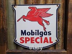 Vintage Mobil Porcelain Sign Mobilgas Special Diesel Gas Station Shield Pegasus