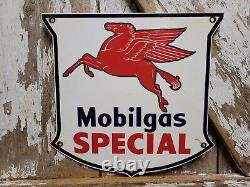 Vintage Mobil Porcelain Sign Mobilgas Special Diesel Gas Station Shield Pegasus