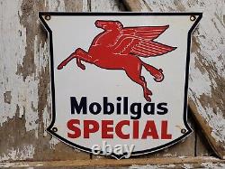 Vintage Mobil Porcelain Sign Mobilgas Special Diesel Gas Station Shield Pegasus