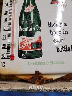 Vintage Mountain Dew Porcelain Sign Metal Soda Thermometer Oil Gas Advertising