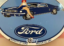 Vintage Mustang Fast Back Porcelain Pin Up Sign Gas Oil Dealership Ford Motors