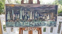 Vintage New York City Skyline Painting 1960s 70s Large Sofa Size Original Frame