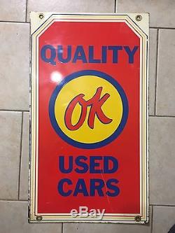 Vintage OK Sign Quality Used Cars Double Sided Metal Gas Oil Chevy Porcelain