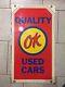 Vintage Ok Sign Quality Used Cars Double Sided Metal Gas Oil Chevy Porcelain