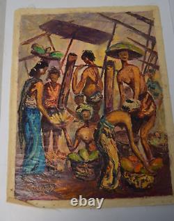 Vintage Oil Canvas India Marketplace MCM Signed Heavy Textured Original Bharat