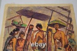 Vintage Oil Canvas India Marketplace MCM Signed Heavy Textured Original Bharat
