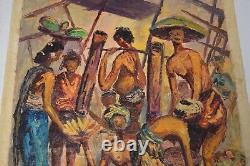Vintage Oil Canvas India Marketplace MCM Signed Heavy Textured Original Bharat