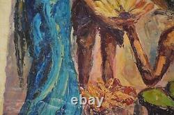 Vintage Oil Canvas India Marketplace MCM Signed Heavy Textured Original Bharat