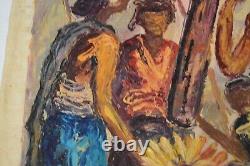Vintage Oil Canvas India Marketplace MCM Signed Heavy Textured Original Bharat
