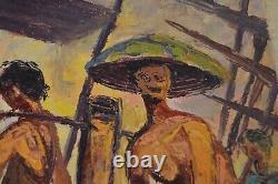 Vintage Oil Canvas India Marketplace MCM Signed Heavy Textured Original Bharat