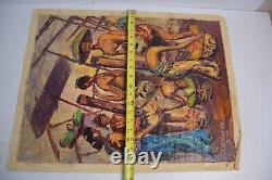 Vintage Oil Canvas India Marketplace MCM Signed Heavy Textured Original Bharat