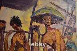 Vintage Oil Canvas India Marketplace MCM Signed Heavy Textured Original Bharat