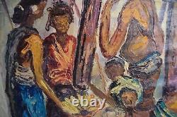 Vintage Oil Canvas India Marketplace MCM Signed Heavy Textured Original Bharat