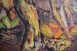 Vintage Oil Canvas India Marketplace MCM Signed Heavy Textured Original Bharat