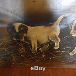 Vintage Oil On Canvas Painting-4 TERRIER PUPPIES DOGS-Signed G. H. C. 1893