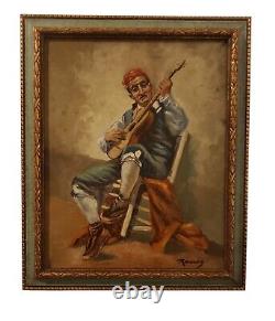 Vintage Oil On Canvas Painting Man Playing Guitar Signed Stunning