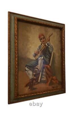 Vintage Oil On Canvas Painting Man Playing Guitar Signed Stunning