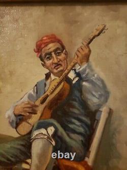 Vintage Oil On Canvas Painting Man Playing Guitar Signed Stunning