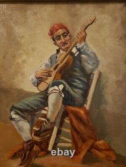 Vintage Oil On Canvas Painting Man Playing Guitar Signed Stunning