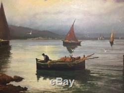 Vintage Oil Painting On Canvas Nautical Boats Fisherman Seascape Signed