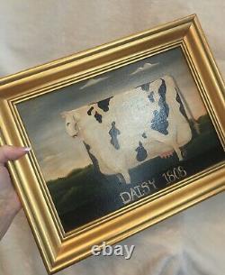 Vintage Oil Painting On Canvas, Signed, COW 1808 AMERICANA, Gold Frame 15x12