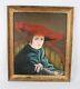 Vintage Oil Painting Portrait Of Woman In Red Hat & Blue Shawl Signed Illegible