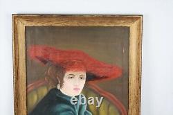 Vintage Oil Painting Portrait Of Woman In Red Hat & Blue Shawl Signed Illegible