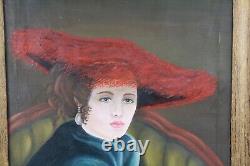 Vintage Oil Painting Portrait Of Woman In Red Hat & Blue Shawl Signed Illegible