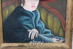 Vintage Oil Painting Portrait Of Woman In Red Hat & Blue Shawl Signed Illegible