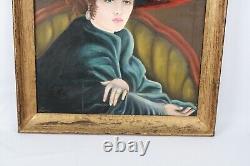 Vintage Oil Painting Portrait Of Woman In Red Hat & Blue Shawl Signed Illegible