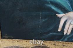Vintage Oil Painting Portrait Of Woman In Red Hat & Blue Shawl Signed Illegible