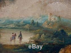 Vintage Oil Painting Signed C Patin Don Quixote Old Spanish Landscape 2 Horsemen