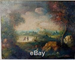 Vintage Oil Painting Signed C Patin Don Quixote Old Spanish Landscape 2 Horsemen