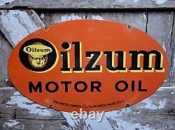 Vintage Oilzum Porcelain Sign 24 Double Sided Motor Oil Gas Station Service USA