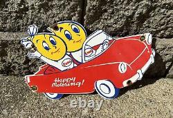 Vintage Old Esso Happy Motoring Porcelain Enamel Gas Pump Door Diecut Sign 8x5