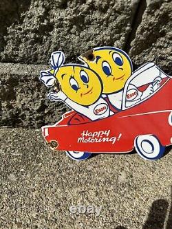 Vintage Old Esso Happy Motoring Porcelain Enamel Gas Pump Door Diecut Sign 8x5