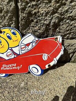 Vintage Old Esso Happy Motoring Porcelain Enamel Gas Pump Door Diecut Sign 8x5