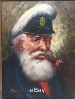 Vintage Old Sea Captain Oil on Canvas Painting Signed Bensoon With Wood Frame