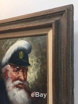 Vintage Old Sea Captain Oil on Canvas Painting Signed Bensoon With Wood Frame