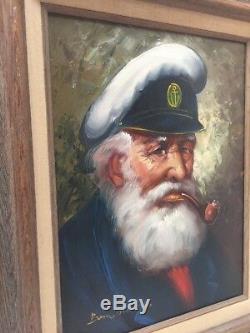 Vintage Old Sea Captain Oil on Canvas Painting Signed Bensoon With Wood Frame