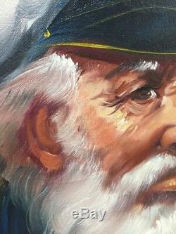 Vintage Old Sea Captain Oil on Canvas Painting Signed Bensoon With Wood Frame