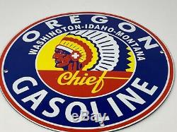 Vintage Oregon Indian Chief Gasoline Sign 12 Porcelain Gas Oil Enamel Pump Plate