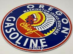 Vintage Oregon Indian Chief Gasoline Sign 12 Porcelain Gas Oil Enamel Pump Plate