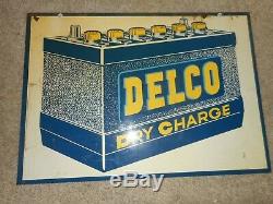 Vintage Original 2-Sided DELCO Battery Gas Station Oil Metal Advertising SIGN