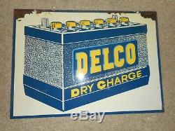 Vintage Original 2-Sided DELCO Battery Gas Station Oil Metal Advertising SIGN