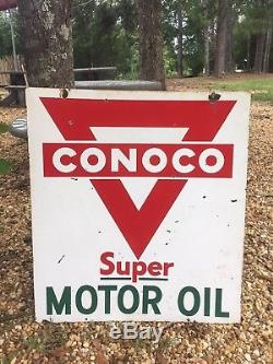 Vintage Original Double Sided Conoco Super Motor Oil Porcelain Sign 27 x 30