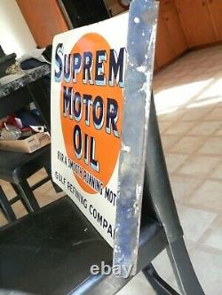 Vintage Original Early Porcelain Gulf Supreme Motor Oil Flange Signnot A Repro